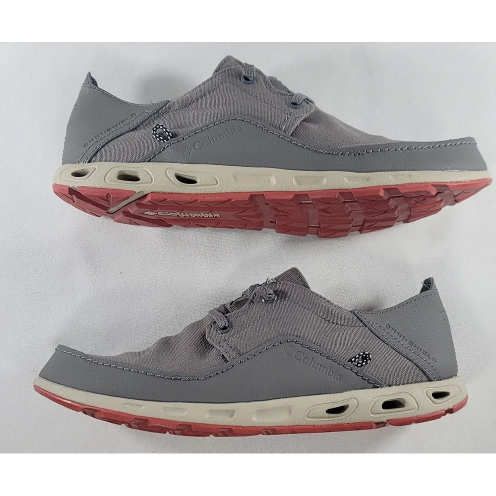 Columbia Bahama Vent‎ PFG Boat Shoes Mens Sz 8 Grey/Red Canvas & Leather Uppers